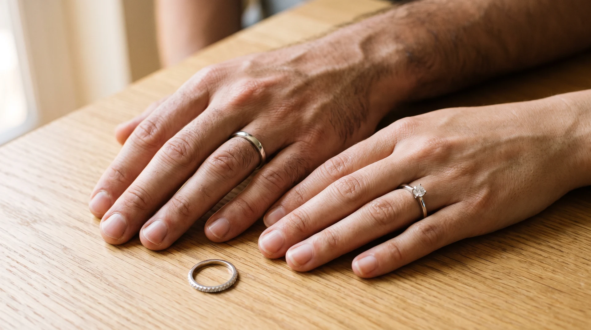 Mãos de um casal usando aliança de namoro no anelar da mão direita