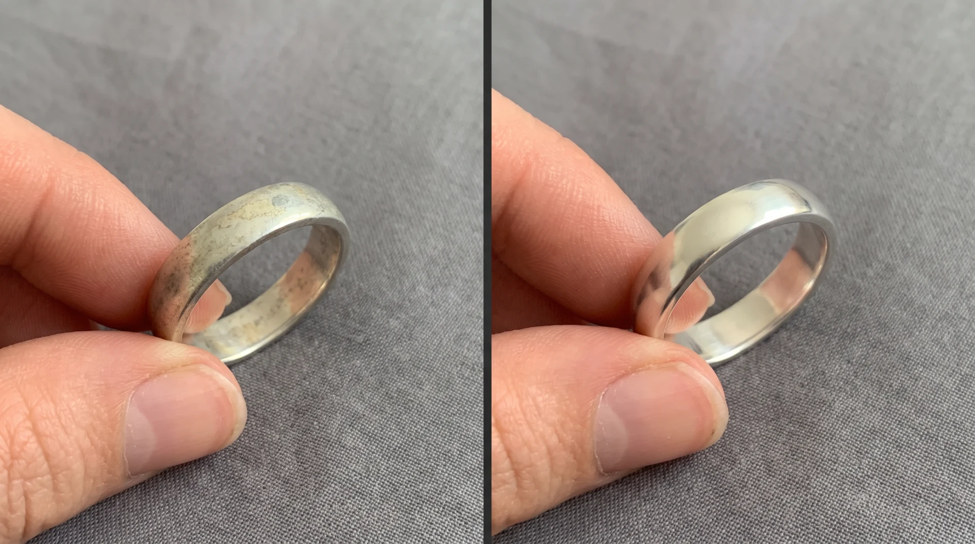 A mesma aliança de prata antes da limpeza, com leve escurecimento, e depois, limpa e brilhante