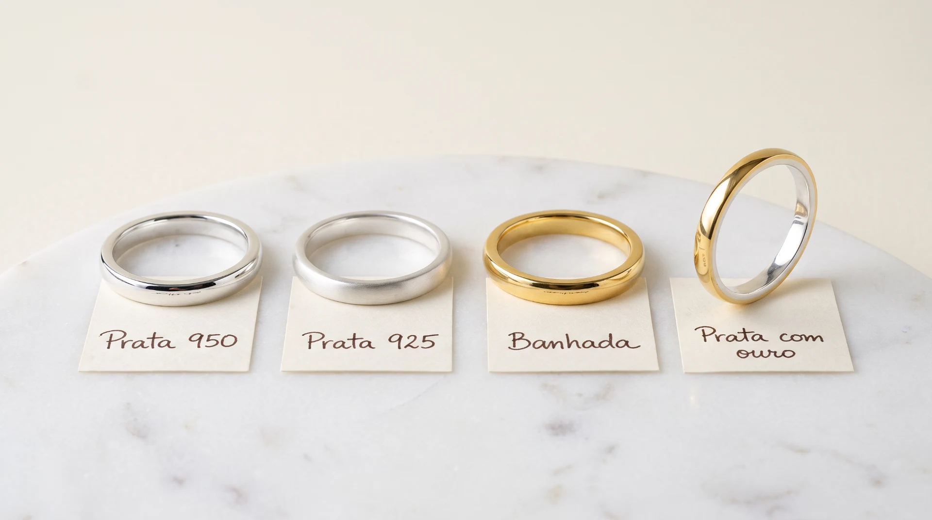 Quatro alianças com etiquetas: prata 950, prata 925, banhada a ouro e prata com ouro, com ouro por fora e prata por dentro