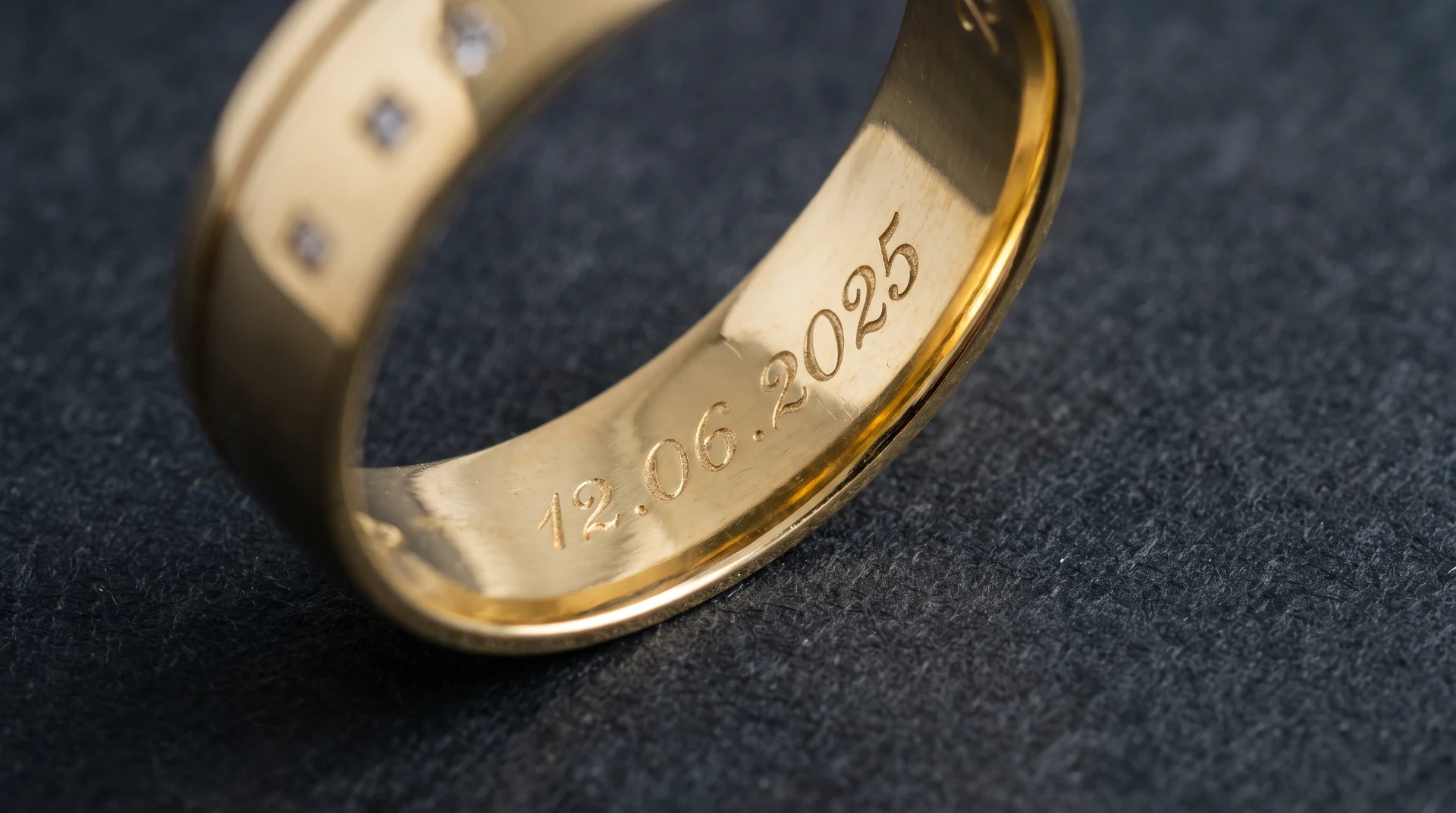 Parte interna de uma aliança de ouro com data gravada em letras finas