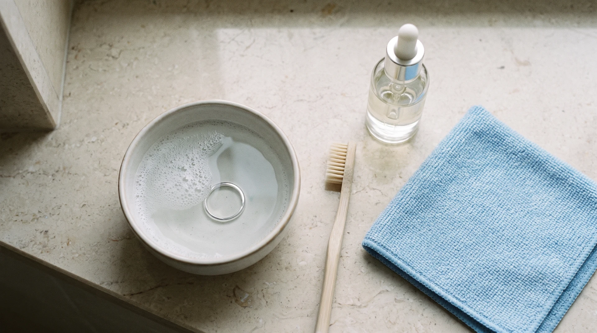 Tigela com água e detergente, escova macia e flanela para limpar aliança em casa