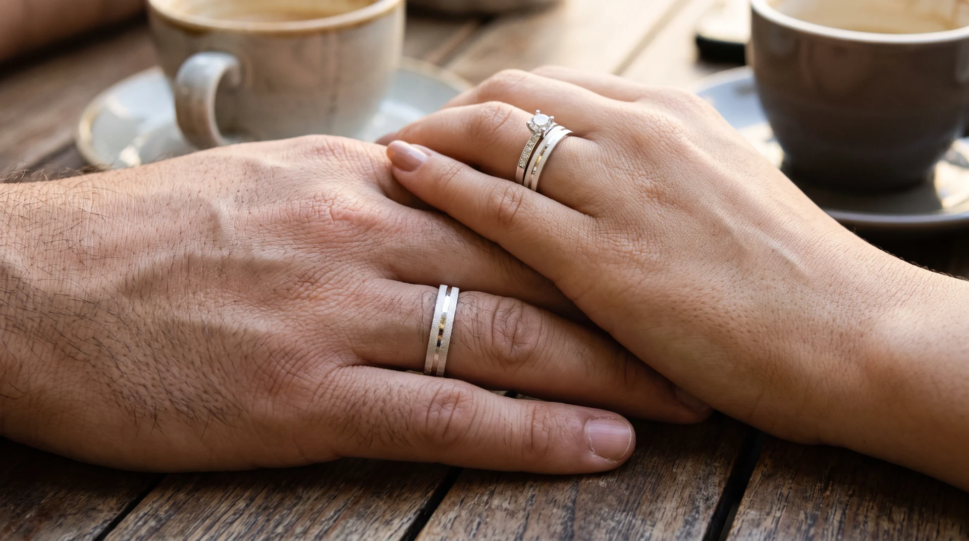 Casal de mãos dadas com alianças de namoro de prata no anelar direito